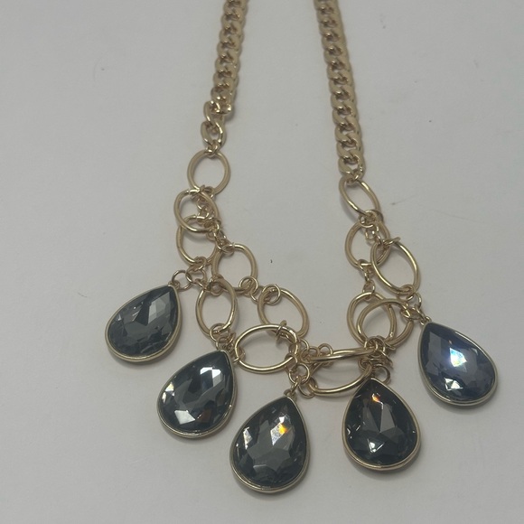 NWT GOLDTONE CHOKER  NECKLACE w/5 Diamond Shape FACETED FAUX Black SMOKEY Color - Picture 3 of 9
